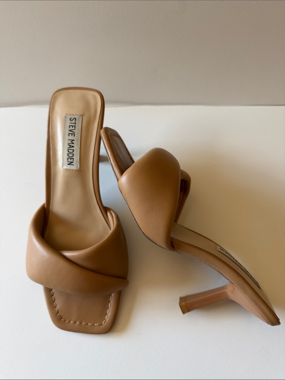Steve Madden Cognac Padded Strap Square-Toe Mule Heels